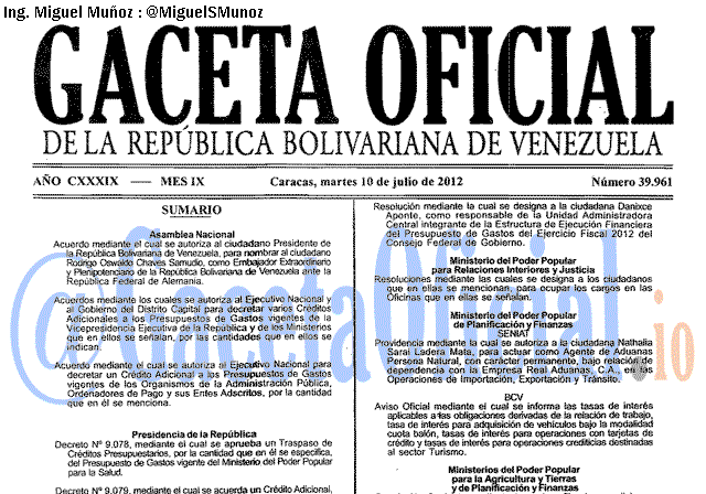 Gaceta Oficial 39961 del 10 Julio 2012