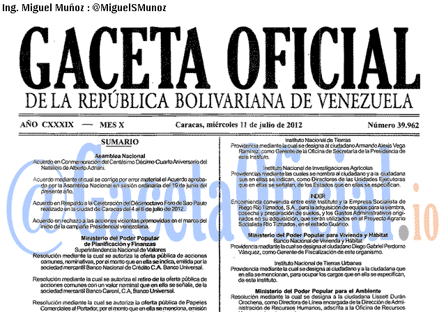 Gaceta Oficial 39962 del 11 Julio 2012