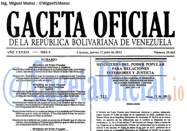 Gaceta Oficial 39963 del 12 Julio 2012