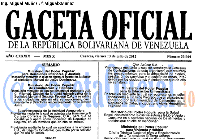 Gaceta Oficial 39964 del 13 Julio 2012