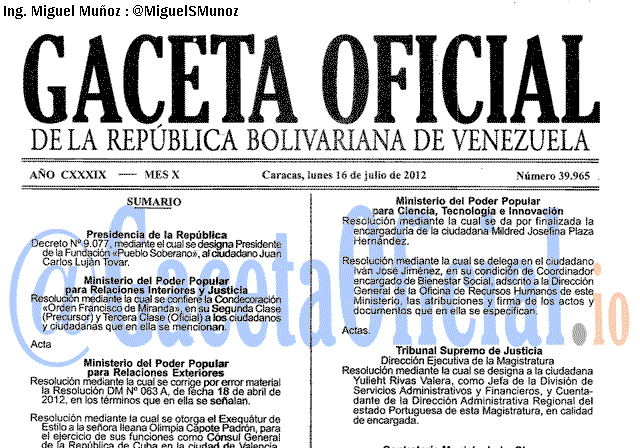 Gaceta Oficial 39965 del 16 Julio 2012
