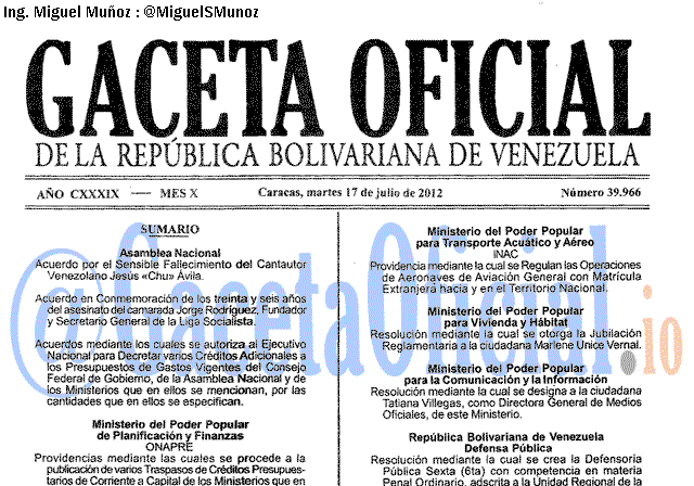 Gaceta Oficial 39966 del 17 Julio 2012