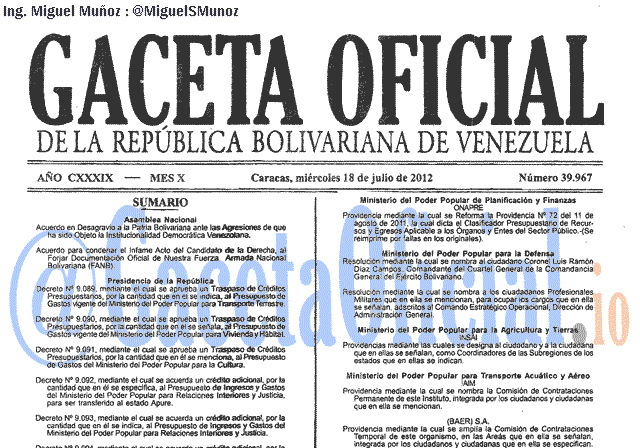 Gaceta Oficial 39967 del 18 Julio 2012