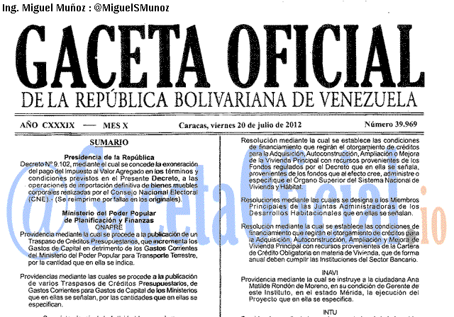Gaceta Oficial 39969 del 20 Julio 2012