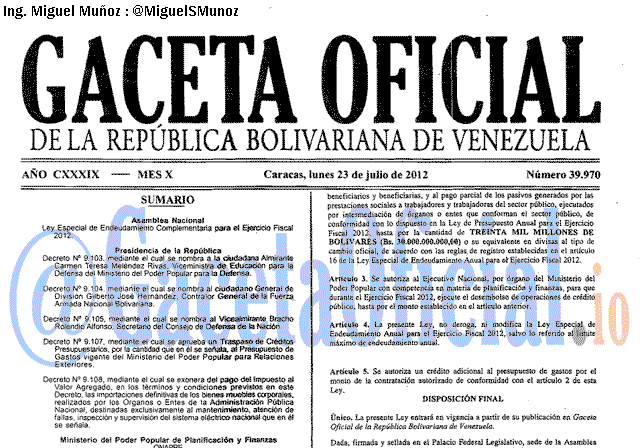 Gaceta Oficial 39970 del 23 Julio 2012