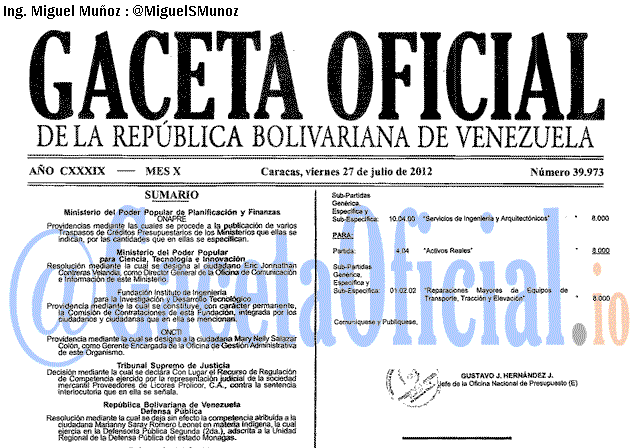 Gaceta Oficial 39973 del 27 Julio 2012