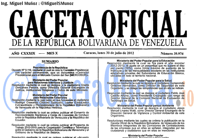 Gaceta Oficial 39974 del 30 Julio 2012