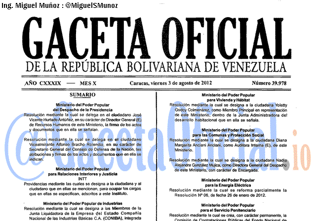 Gaceta Oficial 39978 del 3 Agosto 2012