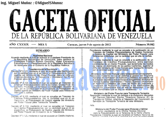 Gaceta Oficial 39982 del 9 Agosto 2012