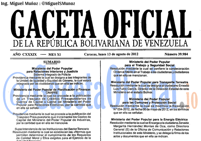 Gaceta Oficial 39984 del 13 Agosto 2012