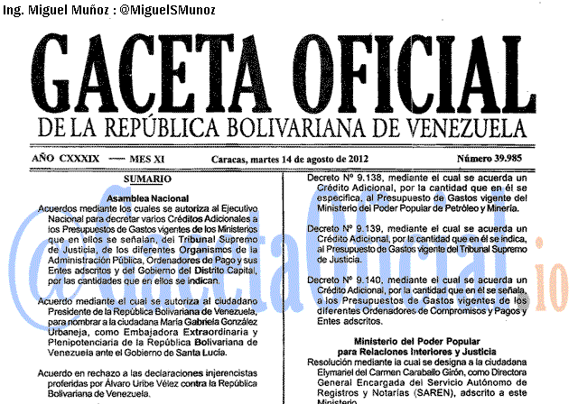 Gaceta Oficial 39985 del 14 Agosto 2012