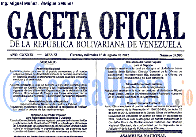 Gaceta Oficial 39986 del 15 Agosto 2012