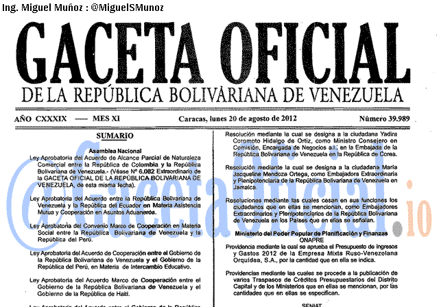Gaceta Oficial 39989 del 20 Agosto 2012