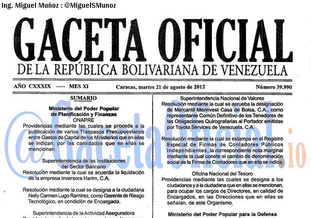 Gaceta Oficial 39990 del 21 Agosto 2012