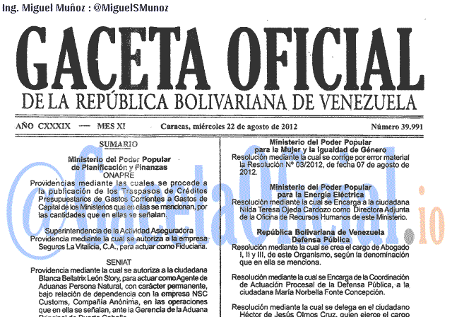 Gaceta Oficial 39991 del 22 Agosto 2012