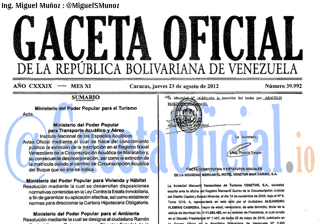 Gaceta Oficial 39992 del 23 Agosto 2012