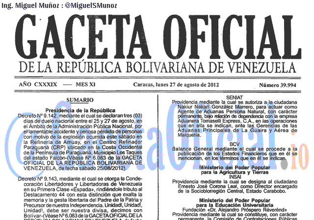 Gaceta Oficial 39994 del 27 Agosto 2012