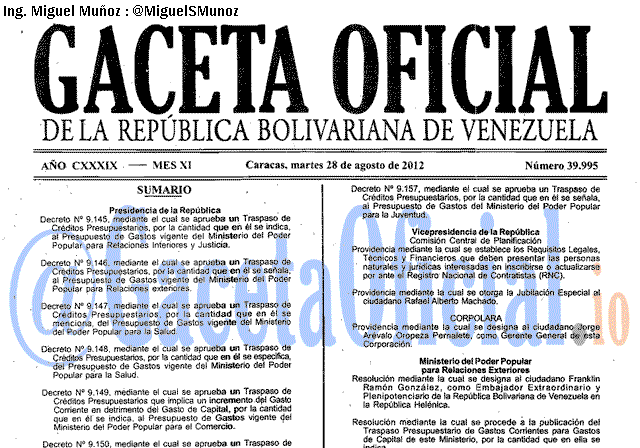Gaceta Oficial 39995 del 28 Agosto 2012