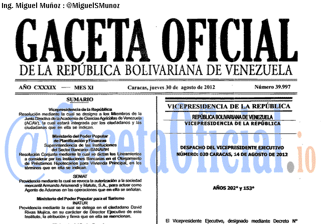 Gaceta Oficial 39997 del 30 Agosto 2012