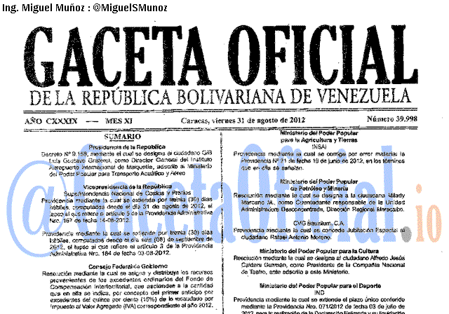 Gaceta Oficial 39998 del 31 Agosto 2012