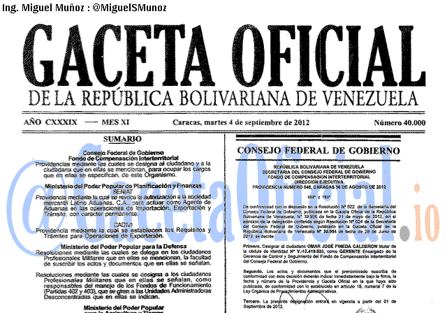 Gaceta Oficial 40000 del 4 Septiembre 2012