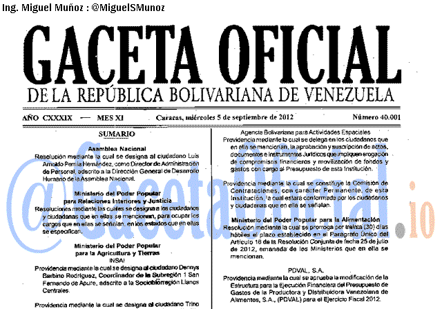 Gaceta Oficial 40001 del 5 Septiembre 2012