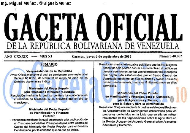 Gaceta Oficial 40002 del 6 Septiembre 2012