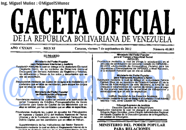 Gaceta Oficial 40003 del 7 Septiembre 2012