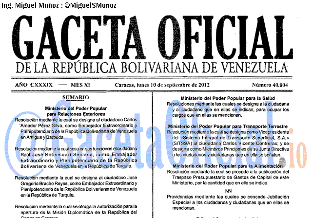 Gaceta Oficial 40004 del 10 Septiembre 2012