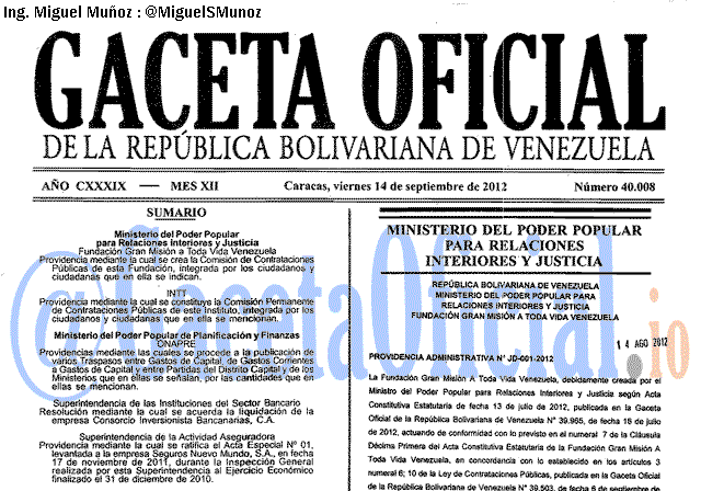 Gaceta Oficial 40008 del 14 Septiembre 2012