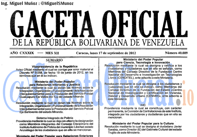 Gaceta Oficial 40009 del 17 Septiembre 2012