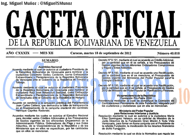 Gaceta Oficial 40010 del 18 Septiembre 2012