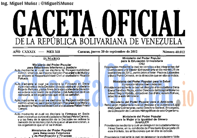 Gaceta Oficial 40012 del 20 Septiembre 2012
