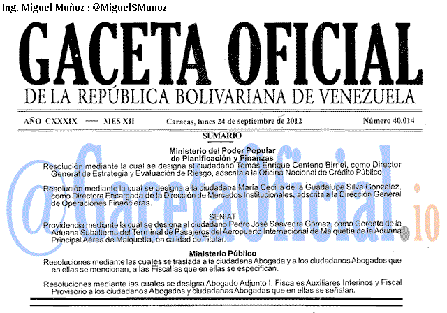 Gaceta Oficial 40014 del 24 Septiembre 2012