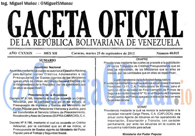 Gaceta Oficial 40015 del 25 Septiembre 2012