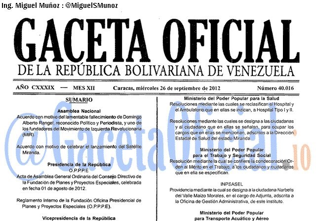 Gaceta Oficial 40016 del 26 Septiembre 2012