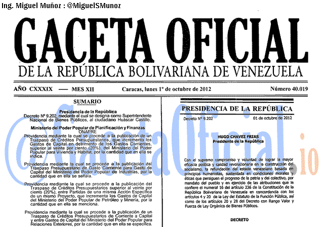 Gaceta Oficial 40019 del 1 Octubre 2012