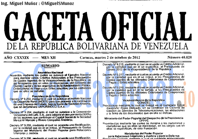 Gaceta Oficial 40020 del 2 Octubre 2012