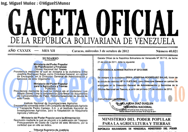 Gaceta Oficial 40021 del 3 Octubre 2012