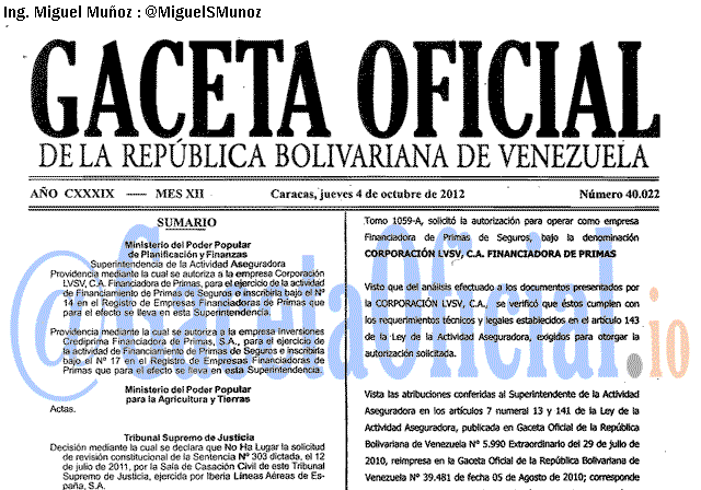 Gaceta Oficial 40022 del 4 Octubre 2012