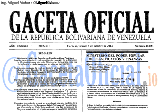 Gaceta Oficial 40023 del 5 Octubre 2012