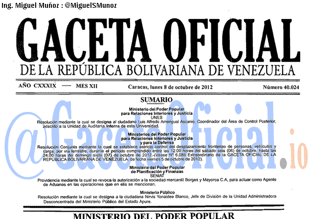 Gaceta Oficial 40024 del 8 Octubre 2012