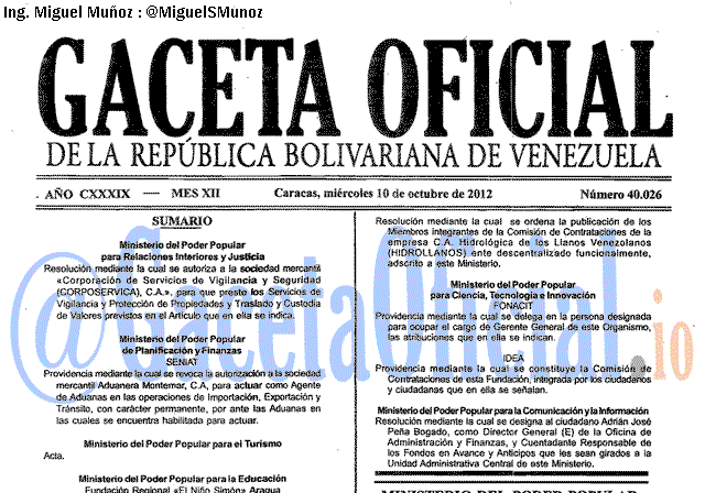 Gaceta Oficial 40026 del 10 Octubre 2012