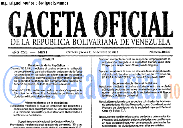 Gaceta Oficial 40027 del 11 Octubre 2012