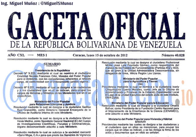 Gaceta Oficial 40028 del 15 Octubre 2012