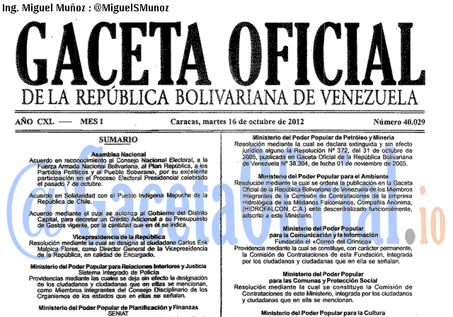 Gaceta Oficial 40029 del 16 Octubre 2012