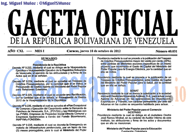 Gaceta Oficial 40031 del 18 Octubre 2012