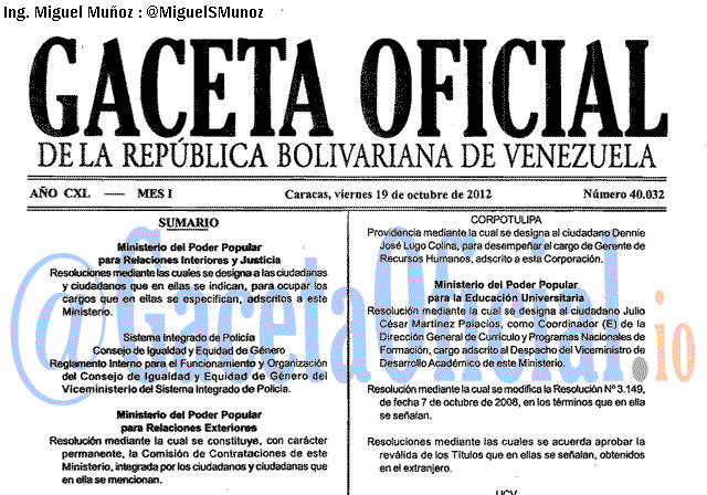 Gaceta Oficial 40032 del 19 Octubre 2012