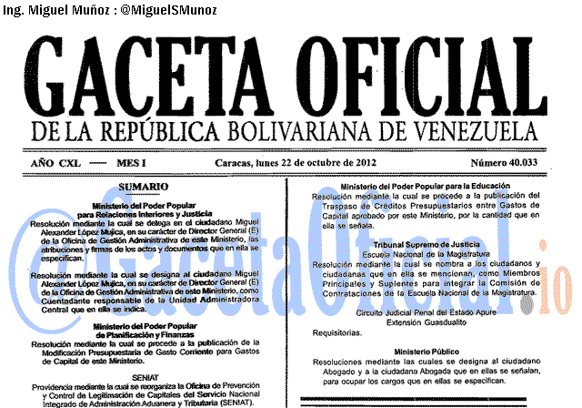 Gaceta Oficial 40033 del 22 Octubre 2012