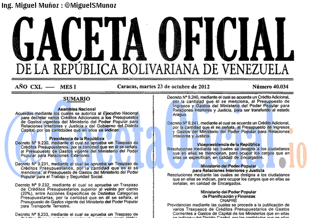 Gaceta Oficial 40034 del 23 Octubre 2012